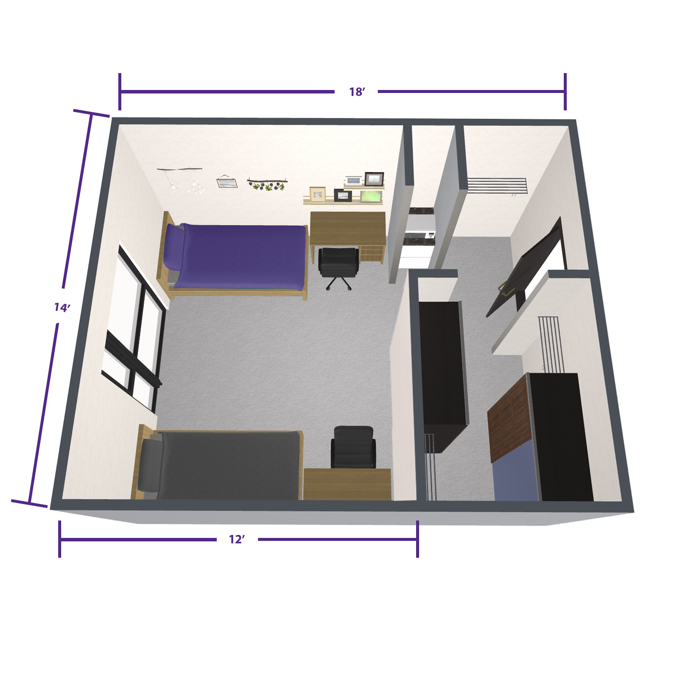 Rendered image of Earhart Hall's standard double room. The living area is 14 feet by 12 feet, a designated closet is approximately 6 feet by 8 feet and an entry way of approximately 6 feet by 6 feet.