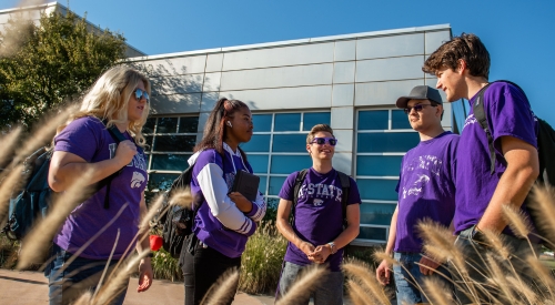 A group of K-State Salina students, all wearing purple shirts, gather on campus and smiling and talk together.