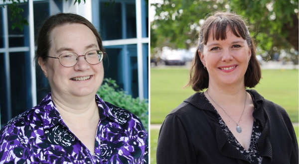 The two K-State Salina librarians pictured, with a women in glasses and a purple top on the left in Ruth Mirtz, and a women in a black top on the right, in Catherine Hammer.
