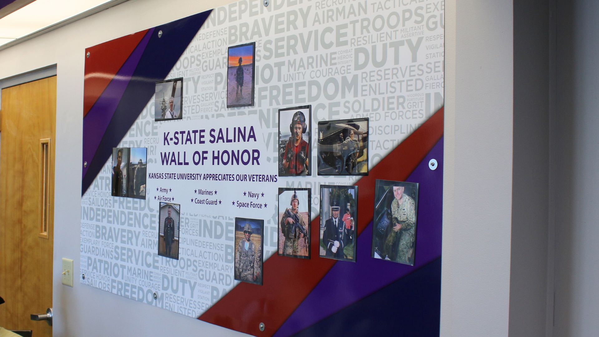 At K-State Salina's on-campus Veterans' Lounge, student veterans post pictures on the Veterans' Wall from their service time as a way to honor all veteran students.