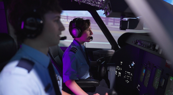 Two K-State Salina students in their pilot uniforms operate a virtual aircraft in one of the campus's airplane simulators.