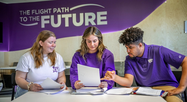 Three students study in a lounge at the K-State Salina campus.