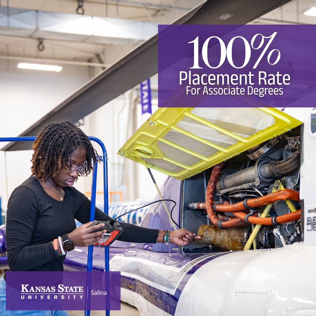 A graphic that says "100% PLACEMENT RATE FOR ASSOCIATE DEGREES." and the K-State Salina logo. 