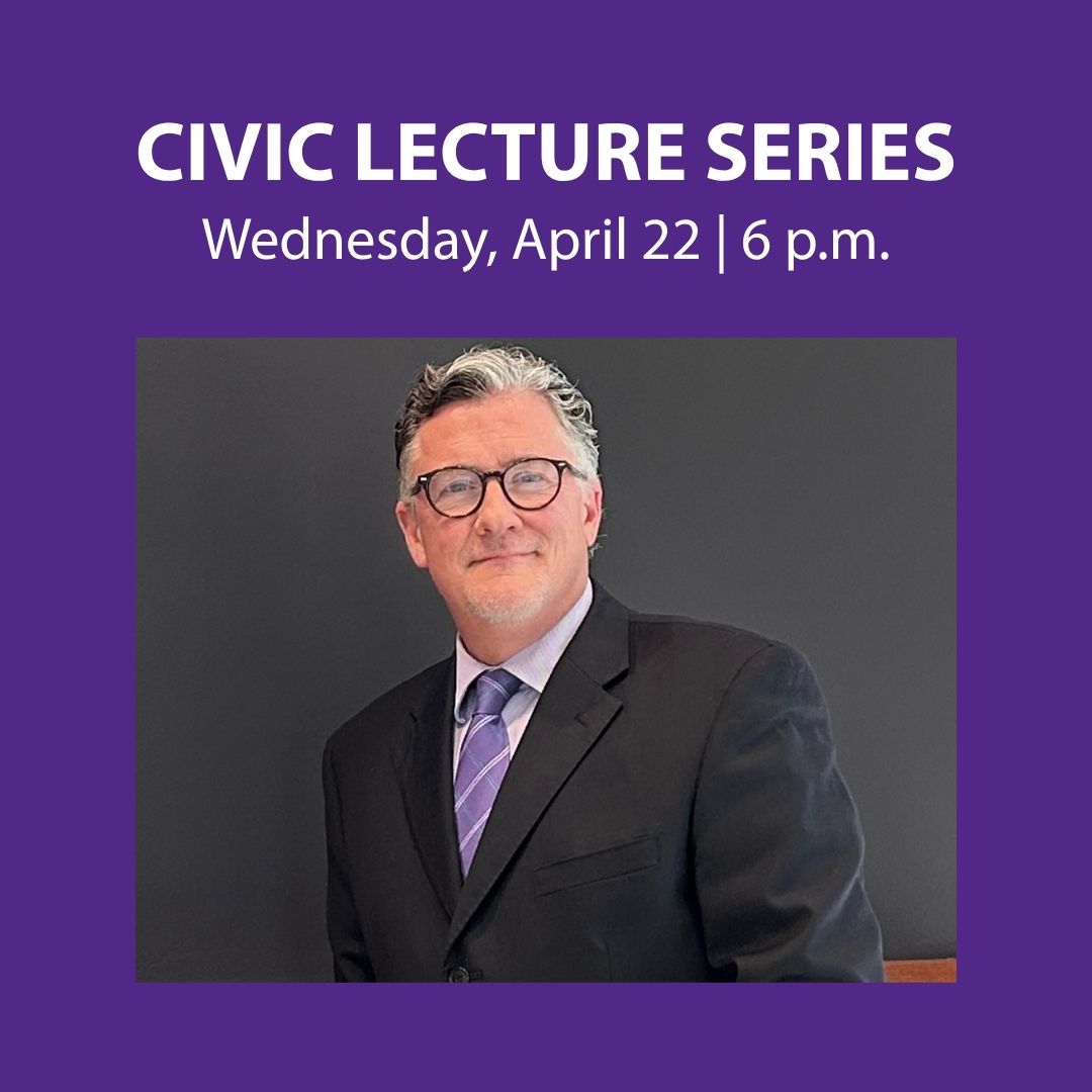 Portrait of Andrew Smith with heading "CIVIC LECTURE SERIES. WEDNESDAY APRIL 22 at 6 p.m."
