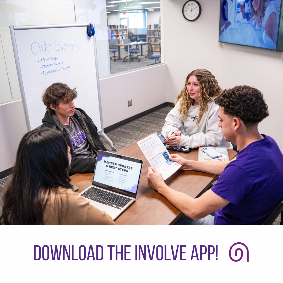 Students gathering for a club meeting with the caption of "DOWNLOAD THE INVOLVE APP"