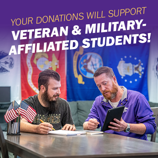 Graphic that says "YOUR DONATIONS WILL SUPPORT VETERAN & MAILITARY-AFFILIATED STUDENTS!"