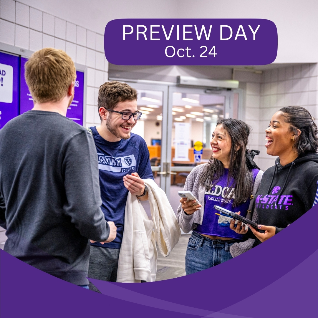 Four K-State Salina students smiling and talking with a graphic that says "PREVIEW DAY. OCT. 24."