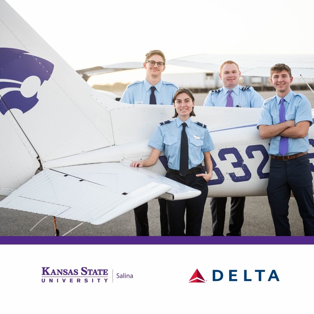 Four K-State Salina aviation students stand smiling around a small aircraft in their pilot uniforms with the K-State Salina and Delta logos at the bottom of the graphic. 