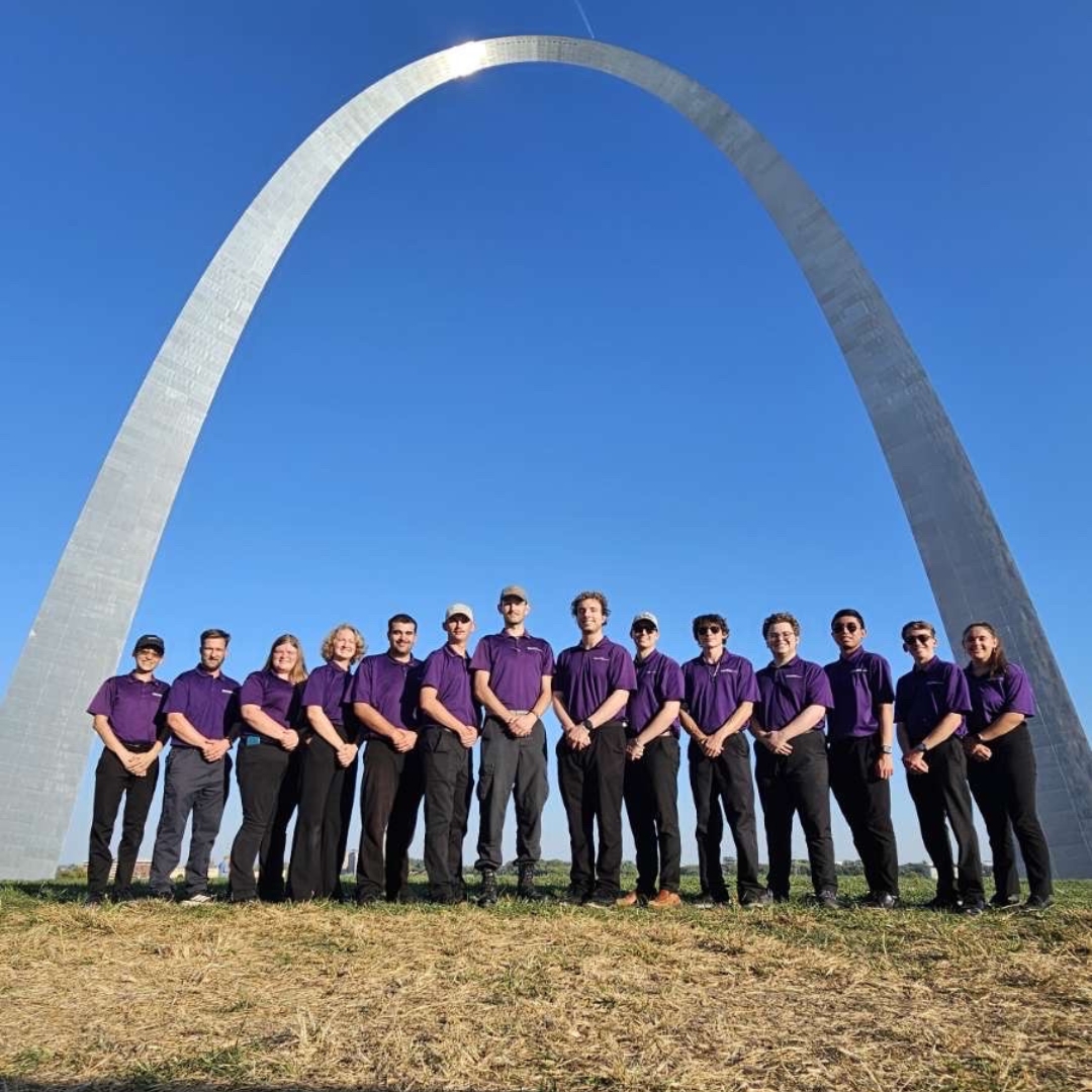 K-State Salina Flight Team members gather under the Gateway Arch in St. Louis, Missouri. 