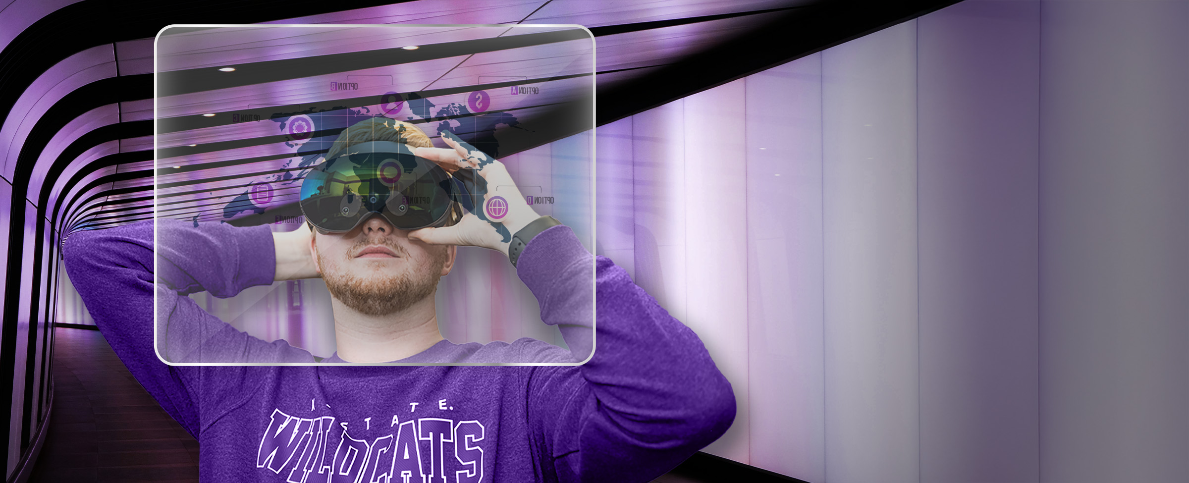 A K-State Salina immersive systems student uses VR glasses to build a virtual project. 