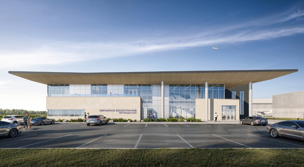 Rendering of a day time view of the exterior of the Aerospace Education Hub at K-State Salina.
