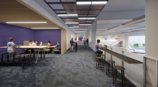 A rendering view of the mezzanine of the K-State Salina Aerospace Education Hub that shows students collaborating in workspaces.