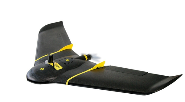 A black and yellow Sensfly Ebee X drone at K-State Salina