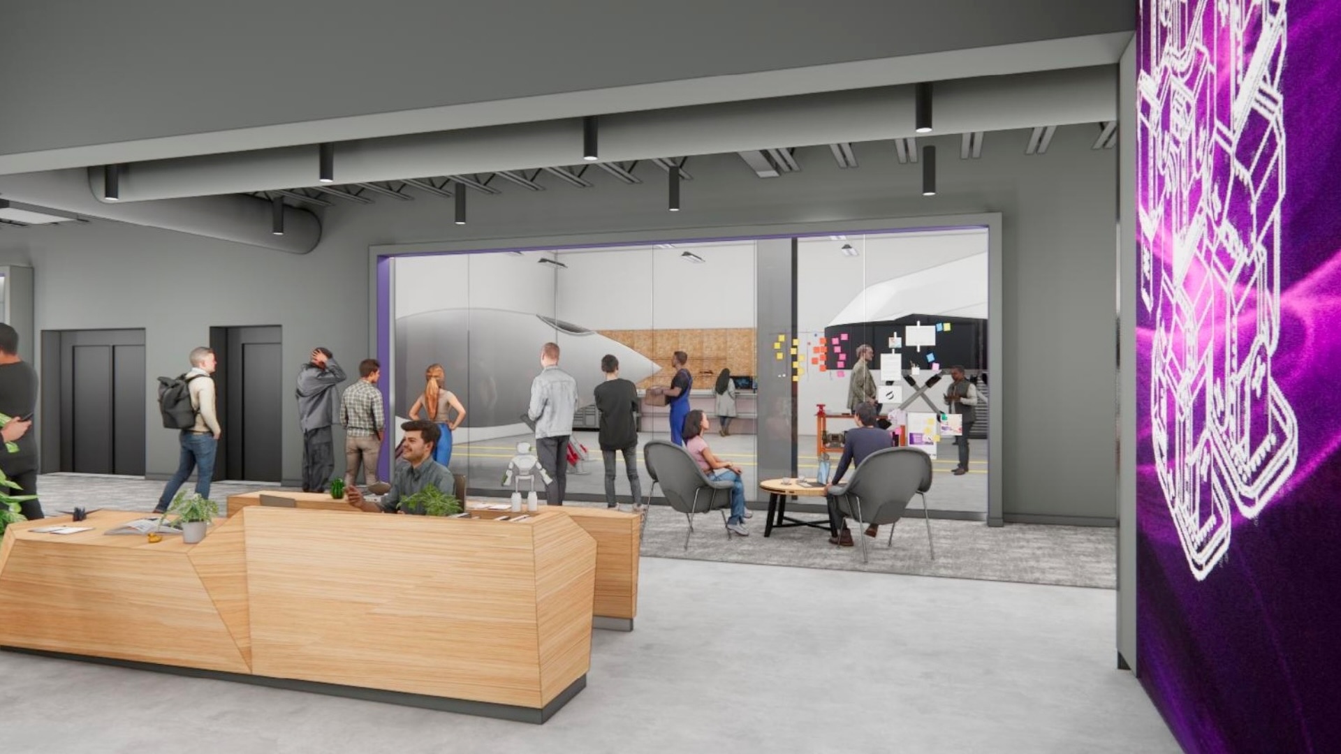 Rendering of a collaboration space inside of the new K-AIRES Center at K-State Salina